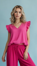 Gauze Ruffle-Sleeve Top (Hot Pink, White, Lavender)