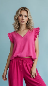 Gauze Ruffle-Sleeve Top (Hot Pink, White, Lavender)
