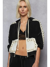 Black Denim Studded Hoodie Jacket