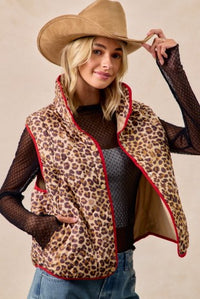 Leopard print with red piping quilted vest