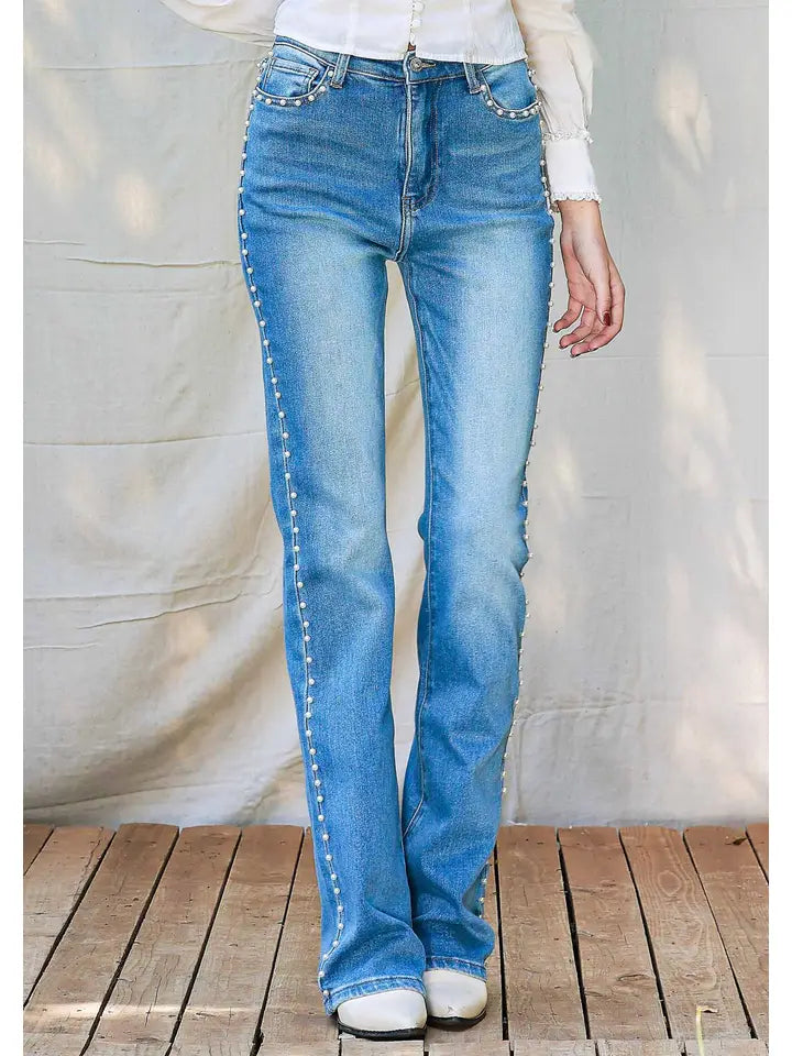 Bootcut Jeans with pearls all the way up the sides
