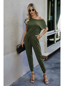 Solid Slant Shoulder Short Sleeve Jumpsuit Olive