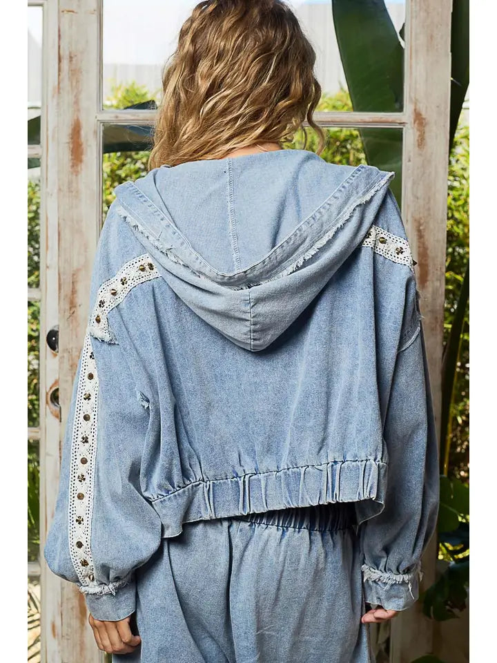 Denim Studded Hoodie Jacket