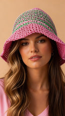 Pink & Green Rafia Bucket Hat with Green Stripes