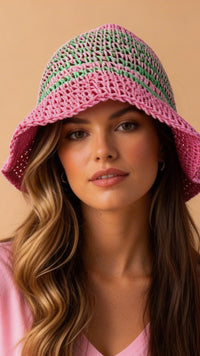 Pink & Green Rafia Bucket Hat with Green Stripes