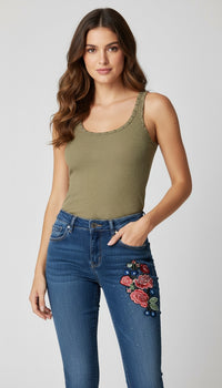 Embroidered Flower Denim Pants