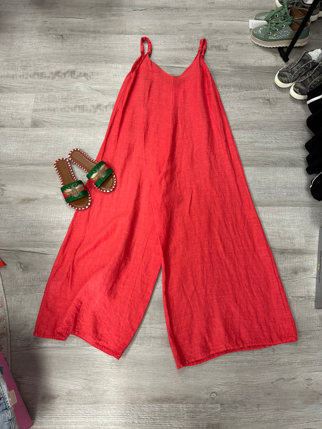 Warm Red Linen Jumpsuit / Romper