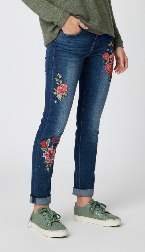 Embroidered Flower Denim Pants