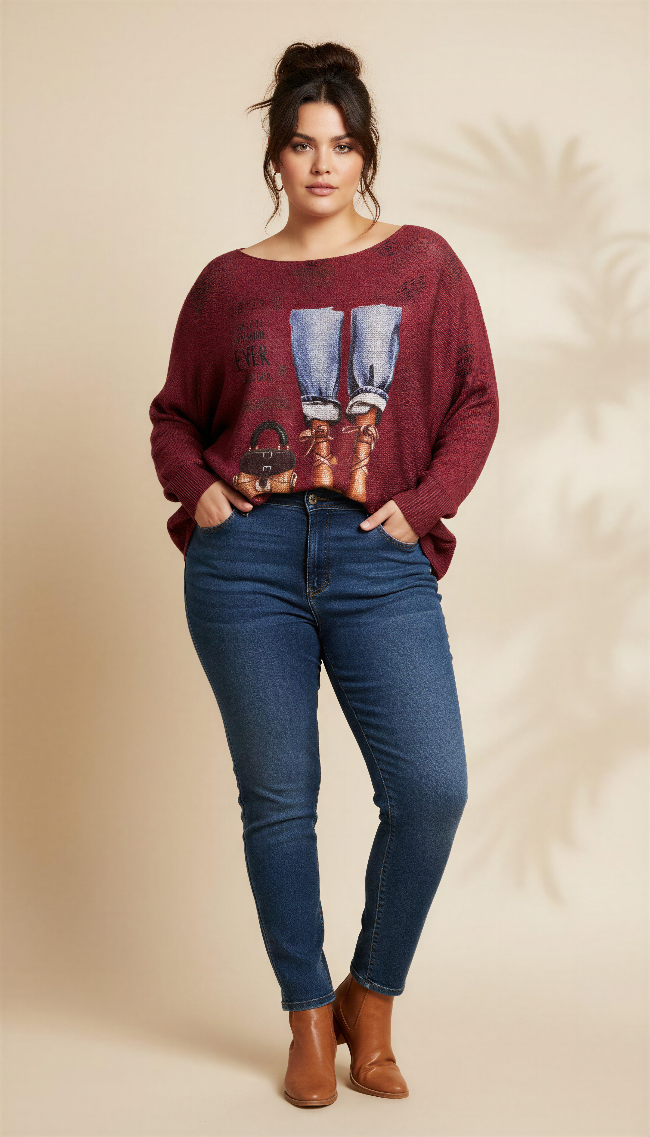 Burgundy Jeans & heels Italian Silky Sweater