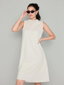 Sleeveless Linen A-Line Dress with Pearl Button Detail