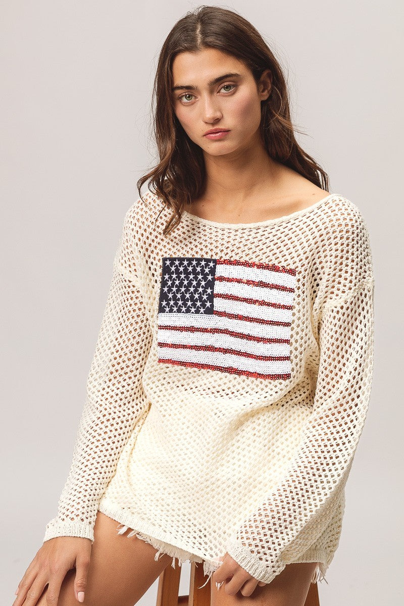 Sequined American Flag Knit Sweater