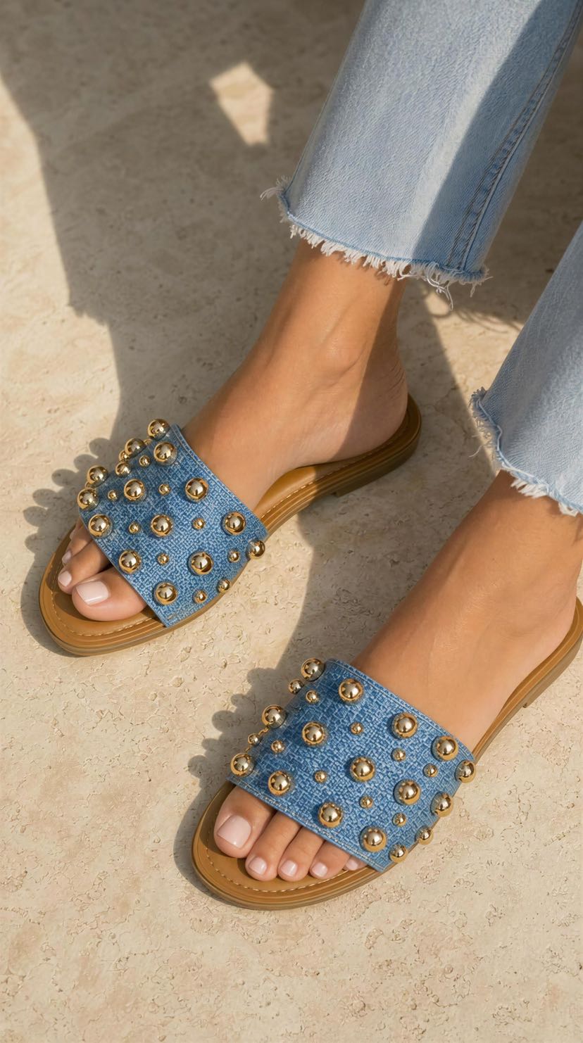 Blue Denim Slides with Gold Baubles