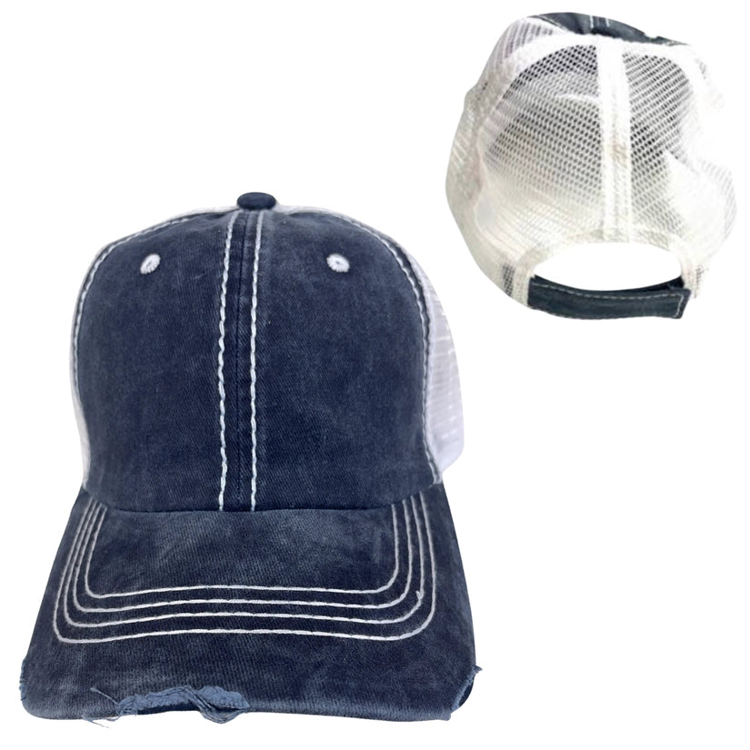 blue denim and mesh cap