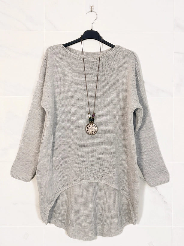 Gray Knit Sweater with Boat Neckline