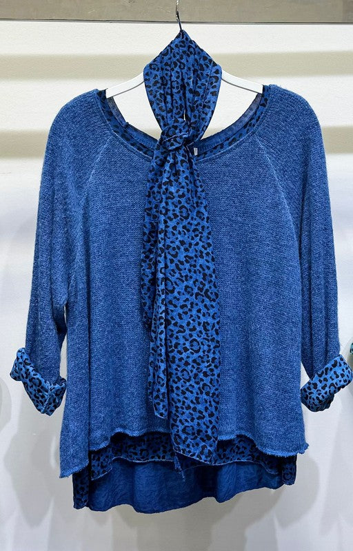 Cobalt Blue Sweater with Leopard