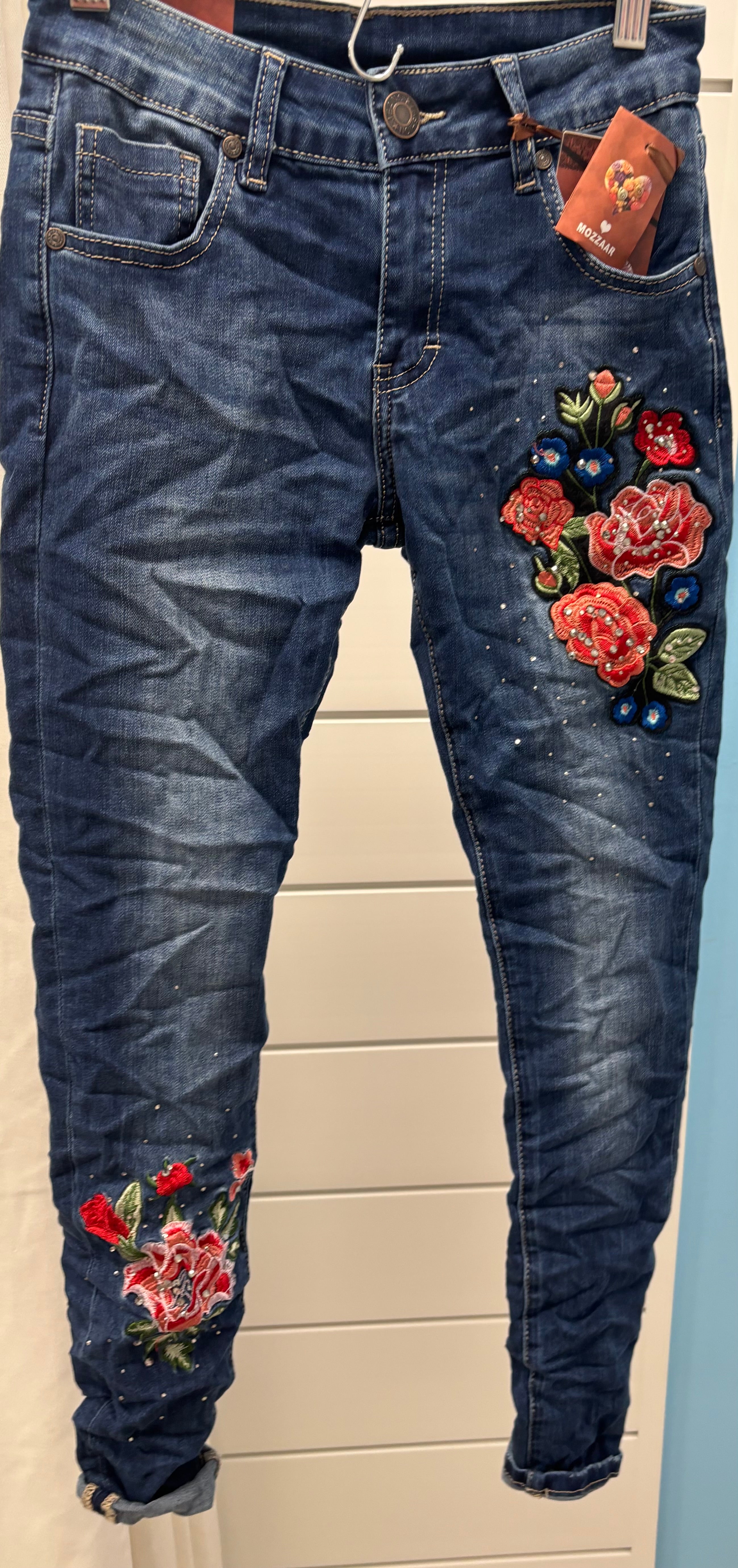 Embroidered Flower Denim Pants