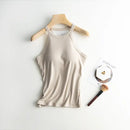 Halter Neck Shelf Bra Rib Tank Top Tan