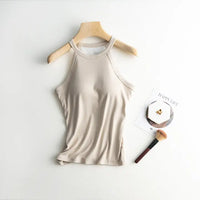 Halter Neck Shelf Bra Rib Tank Top Tan