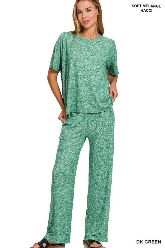 Soft Melange Tee & Long Pants Set Green