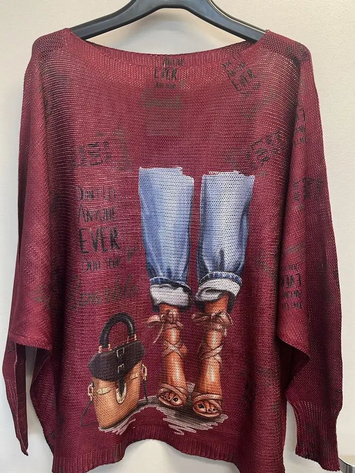 Burgundy Jeans & heels Italian Silky Sweater