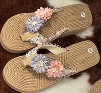 Floral Natural Woven Flip Flops