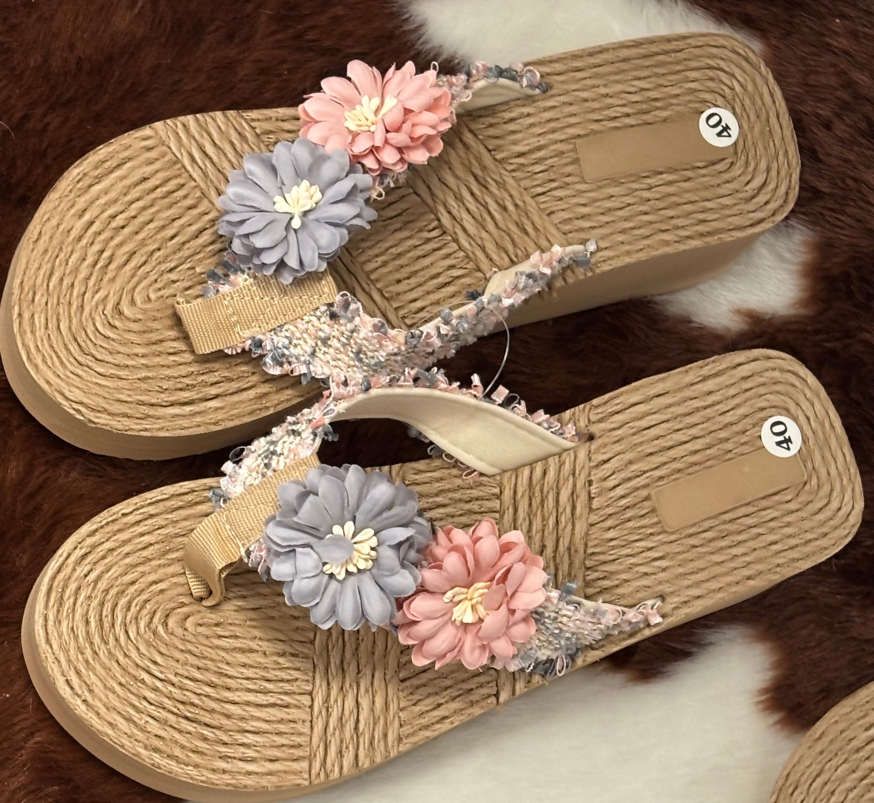 Floral Natural Woven Flip Flops