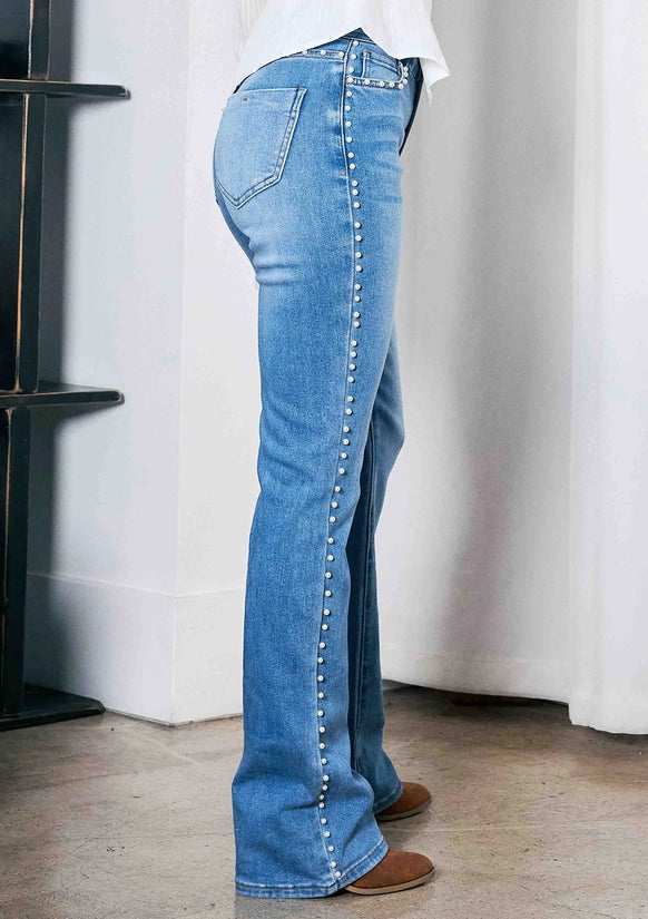 Bootcut Jeans with pearls all the way up the sides