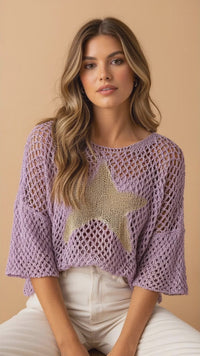 Loose Knit Crochet Sweater with Gold Star