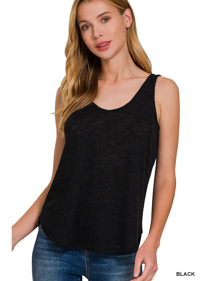 Sleeveless Knit Double Scoop Neck Tank Top Green