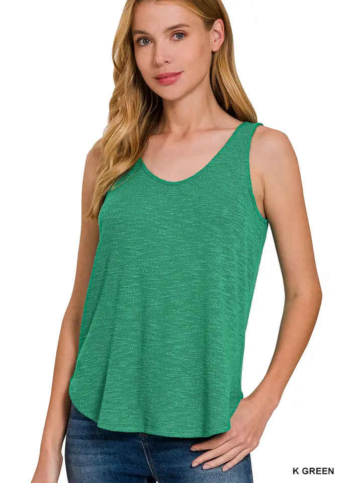 Sleeveless Knit Double Scoop Neck Tank Top Green