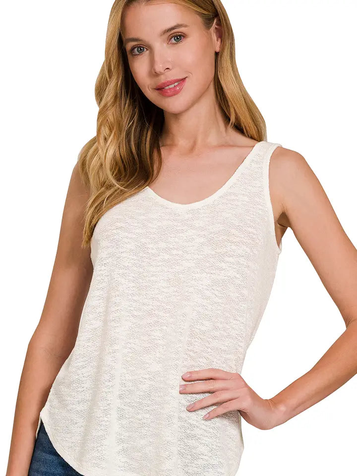 Sleeveless Knit Double Scoop Neck Tank Top Green