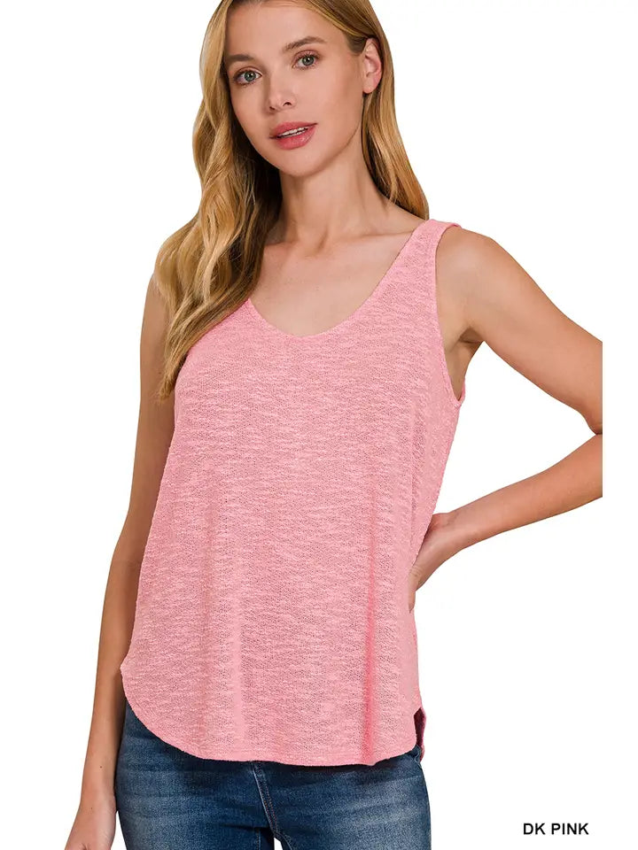 Sleeveless Knit Double Scoop Neck Tank Top Green