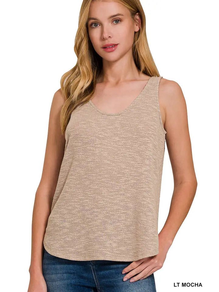 Sleeveless Knit Double Scoop Neck Tank Top Green